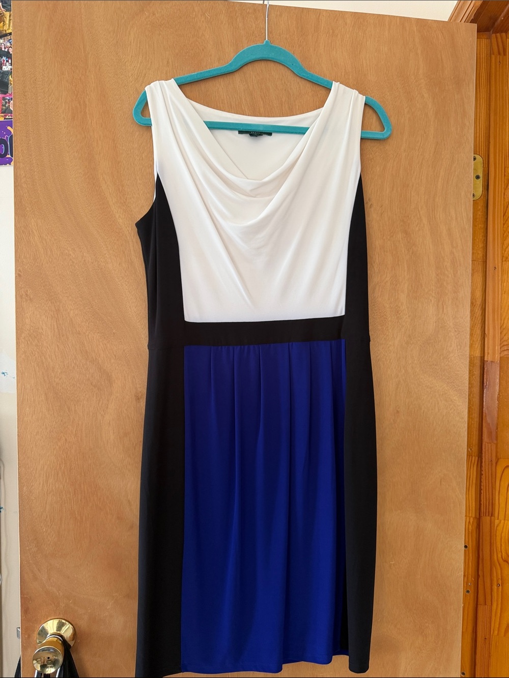 Lauren Ralph Lauren White, Black & Blue Sleeveless Cowl Dress